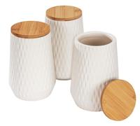 WENKO Tarro de almacenamiento Diamond, moderno set de 3 tarros de cerámica con tapa de bambú y elegante textura de diamante para la cocina o el hogar, capacidad de 0,6 litros cada uno, blanco/marrón