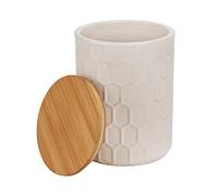 WENKO Tarro de almacenamiento Maya de cerámica blanca de calidad con estructura de panal, tarro apto para el lavavajillas con tapa hermética de bambú, certificado FSC®, 1,3 L, Ø 13 x 17 cm
