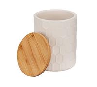 WENKO Tarro de almacenamiento Maya de cerámica blanca de calidad con estructura de panal, tarro apto para el lavavajillas con tapa hermética de bambú, certificado FSC®, 400 ml, Ø 9,5 x 12 cm