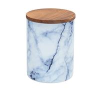 WENKO Tarro de almacenamiento Mio, tarro de vidrio de borosilicato con aspecto de mármol en color azul/blanco, con tapa hermética de madera de acacia marrón certificada FSC®, 1 L, Ø 11 x 14,5 cm