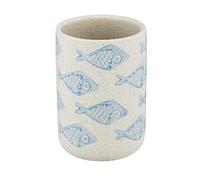 WENKO Vaso para cepillos de dientes «Aquamarin», soporte para cepillos de dientes, de alta calidad, para cepillo y pasta de dientes, de cerámica fina en blanco mate con paisaje marítimo en azul, pintado a mano, Ø 8 x 11 cm