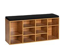 WENKO Zapatero con Asiento Acolchado Mod. Loft, Zapatero con Asiento para hasta 10 Pares de Zapatos, Zapatero y Banco de Madera MDF imitación de bambú, 103 x 48 x 29,5 cm, Color Negro y Natural