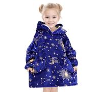 Wenlia Manta con capucha de gran tamaño para niños pequeños de 2 a 6 años, manta de sherpa para niñas con bolsillo, suéter cálido y dulce, manta portátil, talla única para 2-6 años, Sol Azul Marino,