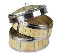 WENLISELL Vaporera de bambú de 20 cm, cesta de bambú de 2 niveles con tapa, anillos de metal de 20 cm, vaporizadores para bollos bao, dim sum, carne, pescado