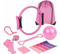 WENMEE Kit de Fitness de 13 Piezas para Yoga y Pilates, con aro de Pilates, Bandas de Resistencia y Pelota de Yoga. Kit Esencial para Pilates en casa(Pink)