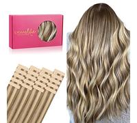 WENNALIFE Extensiones adhesivas de cabello real, 20 unidades, 50 g, 45 cm, 18 pulgadas, color marrón ceniza con reflejos rubios dorados Remy invisibles, extensiones de pelo liso sedoso