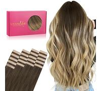 WENNALIFE Extensiones adhesivas de cabello real, 20 unidades, 50 g, 45 cm, color marrón oscuro a marrón ceniza y rubio blanqueador, extensiones Remy invisibles, sedosas y rectas