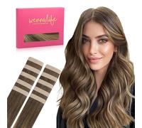 WENNALIFE Extensiones Adhesivas Pelo Natural, Balayage Marrón Chocolate a Rubio Caramelo 35cm 25g 10 Piezas Extensiones de Remy Pelo Natural Cabello Humano Mechas Pelo Lacio para Niñas Mujeres Trenzas