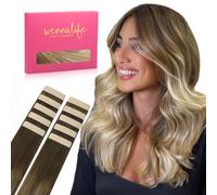 WENNALIFE Extensiones Adhesivas Pelo Natural, Ombre Marrón Nogal a Castaño Ceniza y Rubio Blanquecino 55cm 30g 10 Piezas Extensiones de Remy Pelo Natural Cabello Humano Mechas Pelo para Niñas Mujeres