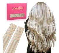 WENNALIFE Extensiones Adhesivas Pelo Natural, Rubio Ceniza Resaltado Rubio Platino 45cm 25g 10 Piezas Extensiones de Remy Pelo Natural Cabello Humano Mechas Pelo Invisible para Niñas Mujeres Trenzas