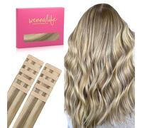 WENNALIFE Extensiones Adhesivas Pelo Natural, Rubio Dorado Resaltado Marrón Ceniza 60cm 30g 10 Piezas Extensiones de Remy Pelo Natural Cabello Humano Mechas Pelo Invisible para Niñas Mujeres Trenzas
