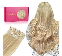 Wennalife Extensiones de cabello con clip, 70 g, 38 cm, rubio oscuro mezclado con rubio decolorado, cabello humano natural de Remy corto con clip, cabello humano virgen, doble trama, para mujer