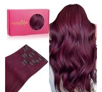 Wennalife Extensiones de cabello humano real con clip, 55 cm, 120 g, 7 unidades, extensiones de cabello humano con clip, extensiones de cabello humano de Remy color marrón borgoña