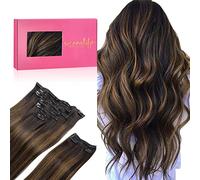 WENNALIFE Extensiones de clip de pelo natural, 150 g, 35 cm, 9 unidades, color marrón oscuro a marrón castaño