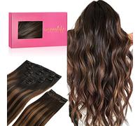 WENNALIFE Extensiones de clip de pelo real, 150 g, 35 cm, 9 unidades, color negro natural a marrón castaño