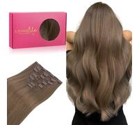 WENNALIFE Extensiones de clip de pelo real, 35 cm, 120 g, 7 unidades, color marrón ceniza claro, extensiones de pelo humano