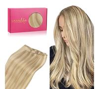WENNALIFE Extensiones de pelo real, 40 cm, 80 g, rubio claro, reflejos rubios dorados para coser, extensiones de pelo humano