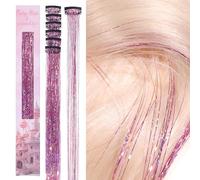 Wennalife Hair Tinsel Clip In, 6 piezas Rosa 60cm Kit de lameta de pelo con purpurina para el cabello Lameta para el cabello de fiesta y festival Cabello brillante con tinsel Cabello de hadas para