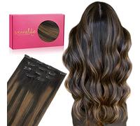 WENNALIFE Remy Extensiones de clip de pelo natural, 75 g, 5 unidades, 35 cm, color marrón oscuro a castaño