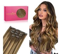 WENNALIFE Remy Extensiones de clip de pelo natural, 80 g, 5 unidades, 50 cm, color marrón chocolate a rubio caramelo