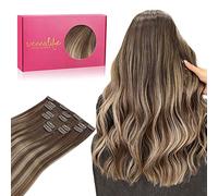 WENNALIFE Remy Extensiones de clip de pelo natural, con una longitud de 50 cm, un peso de 120 g y una cantidad de 7 unidades, de color marrón chocolate con efecto barrido a rubio miel