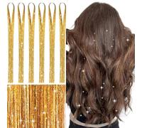 WENNALIFE Tinsel Hair Extensiones, Dorado 120cm 1200 Hebras Pelo de Oropel Brillantes Para el Pelo Extensiones Pelo de Oropel para Trenzas para Niñas Mujeres Festivales Fiesta Navidad