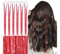 WENNALIFE Tinsel Hair Extensiones, Rojo 120cm 1200 Hebras Pelo de Oropel Brillantes Para el Pelo Extensiones Pelo de Oropel para Trenzas para Niñas Mujeres Festivales Fiesta Navidad