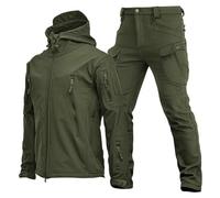 WENNEWU Chaqueta Softshell para Hombre, Conjunto De Chaqueta TáCtica Y PantalóN De Combate, Uniforme Militar De Caza En El Bosque con Camuflaje, Abrigo con Capucha Impermeable,Army Green,L