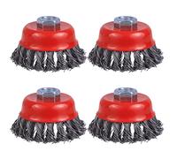 WENORA Cepillo de rueda de alambre, paquete de 4 cepillos de copa anudados trenzados para amoladoras, eje roscado de 5/8 pulgadas-11, 0.020 pulgadas x 3 pulgadas para limpieza intensa, óxido, pelado y abrasivo, para amoladora angular