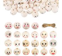 wenrescry 110 piezas Bolas madera manualidades, 20 mm, Bolas de Madera Redondas con Cara Sonriente y Agujero para Manualidades, macramé y joyería, 22 Estilos de Bolas Decorativas y Cuerda 10 m