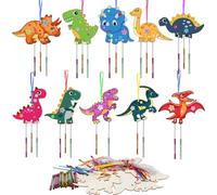 Wenrescry Juego de 10 Carillones de Viento Dinosaurios para Niños - Kit de Manualidades en Madera con Pinceles y Pegatinas de Piedras Brillantes, Perfecto para Cumpleaños y Proyectos Creativos Infanti