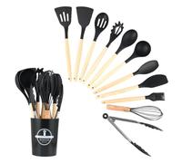 Wenrescry Juego de Utensilios de Cocina de Silicona de 12 Piezas | Utensilios de Cocina de Silicona Resistente al Calor con Cubo para Guardar Utensilios de Cocina Antiadherentes (Negro)
