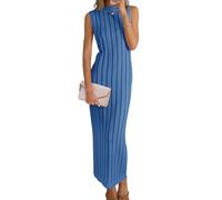 Wenrine Vestido de suéter sin mangas para mujer, cuello alto, punto acanalado, vestido largo para otoño, Azul real, Large