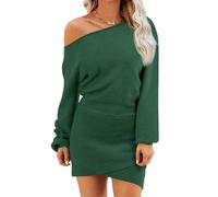 Wenrine Vestido tipo suéter con hombros descubiertos para mujer, para otoño e invierno, casual, de manga larga, de punto, ajustado, mini vestidos, Verde oscuro, S