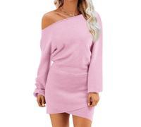 Wenrine Vestido tipo suéter con hombros descubiertos para mujer, para otoño e invierno, casual, de manga larga, de punto, ajustado, mini vestidos, Rosa, S