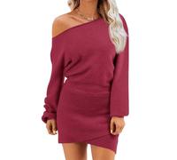 Wenrine Vestido tipo suéter con hombros descubiertos para mujer, para otoño e invierno, casual, de manga larga, de punto, ajustado, mini vestidos, Borgoña, Large