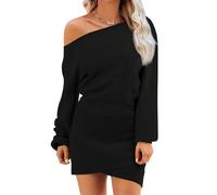 Wenrine Vestido tipo suéter con hombros descubiertos para mujer, para otoño e invierno, casual, de manga larga, de punto, ajustado, mini vestidos, Negro, M
