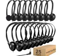 Wensdo Auriculares para niños, paquete de 25 unidades para el aula escolar K-12, auriculares ajustables con cable al por mayor para estudiantes, adolescentes, niños, regalo y adultos (negro)