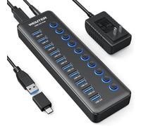 Wenter Hub USB alimentado, concentrador divisor USB 3.0 de 10 puertos con interruptores LED individuales de encendido/apagado y adaptador USB A-C, adaptador de corriente de 12 V/3 A, concentrador USB