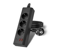 WENTONG Regleta Enchufes de 3 Tomas Corrientes y 2 USB-A y 2 USB-C, 2500W Regleta Base Multiple 10 A con Interruptor, Montaje en Pared con Cable 1.5M, per Ufficio, Famiglia, Cucina e Viaggio, Negro