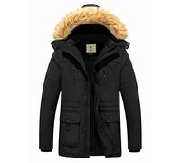WenVen Chaqueta de Algodón a Prueba de Viento Chaqueta Longitud Media Delgada Parka Capucha Gruesa Extraíble con Pelo Chaqueta de Lana Exteriores Hombres Negro XX-Large