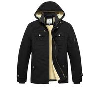 WenVen Chaquetas de Algodón a Prueba de Viento Abrigo Forro Polar Grueso Chaquetas Estilo Militar Clásica Cazador con Capucha Cremallera Frontal Hombres Negro X-Large