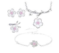 wenwendianzi Conjuntos de joyas de plata de ley 925, collar romántico de flores de cerezo, pendientes, anillo y pulsera for mujer(1)