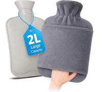WENZO Bolsa de agua caliente de 2 l, de goma natural con cubierta de forro polar suave y lavable, bolsillo tipo canguro, calor prolongado para manos, pies, espalda y dolores menstruales (gris)