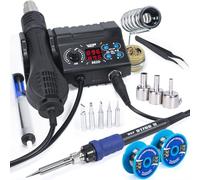 WEP 882D Soldering Iron Station 2-IN-1 SMD Hot Air Rework Station with 2 Spools of Solder Wire, 5 Soldering Tips, 3 Hot Air Nozzles, Brass Wool Tip Cleaner, Tweezers, Desoldering pump