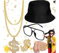 Weploda 4 Piezas Disfraces de Hip Hop, Accesorios de Rapero, Cadena Dólar, Gafas de Sol, Anillo de Oro Del Signo Del Dólar, Accesorios de Rapero de Los Años 80/90, Para Hombres y Mujeres