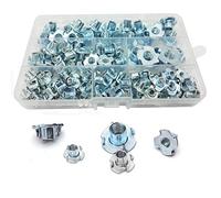 WeqeYent 115 piezas M4/M5/M6/M8/M10 Juego de tuercas en T de cuatro puntas, tuerca de garra de metal 4 insertos roscados, tuercas de acero al carbono chapado en zinc para muebles de carpintería