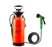 Weqizuerqi Ducha portátil de camping de 5 litros con 7 modos de columna de agua de pulverización, boquilla giratoria de 360°, tubo de cuero, rociador de baño, riego de flores, rociador de lavado de