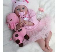 WEQNT Reborn - Muñeca de bebé para niña de 55 cm, realista, realista, con silicona de vinilo suave, vestido rosa con falda de tul, jirafa, botella y chupete