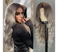 WERD Peluca larga gris para mujer, peluca de cabello rizado rubio gris, peluca con reflejos en el medio, peluca de encaje sintético para uso diario en fiestas de cosplay